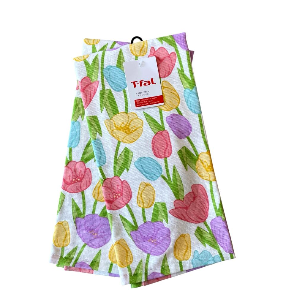 T-Fal Floral Cotton Kitchen Towels 18x28 Pop of Color Spring Tulips Set of 2 NEW